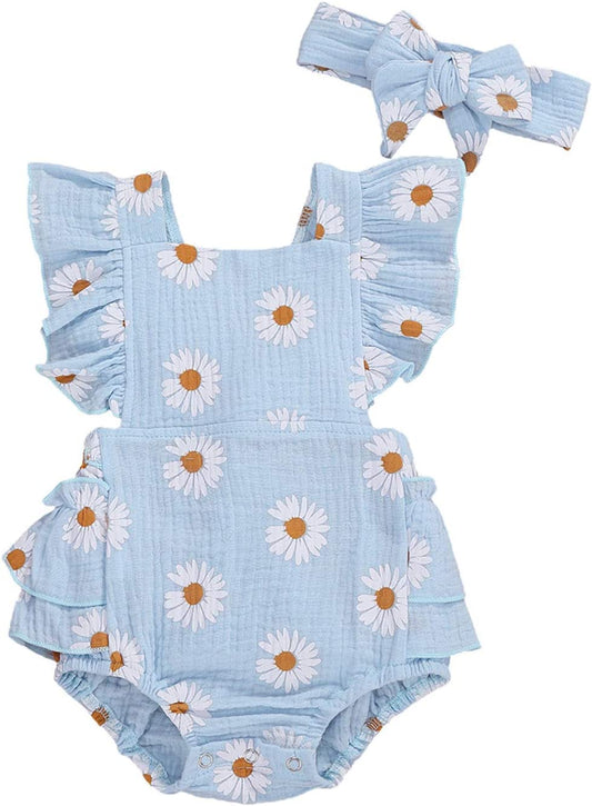 Newborn Baby Girls Daisy Romper Ruffled Sleeve Onesie Dress Playsuits Floral Jumpsuit Infant Summer Clothes Headband