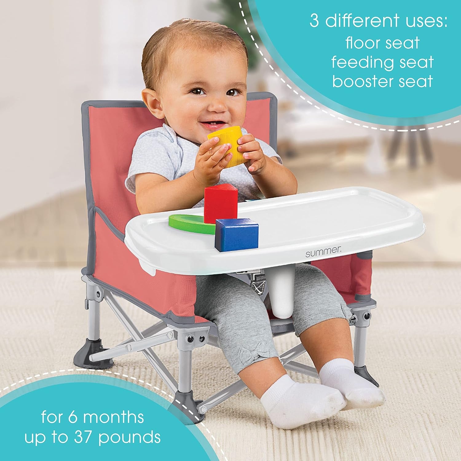 Summer by  Pop 'N Sit Portable Booster Chair, Floor Seat, Indoor/Outdoor Use, Compact Fold, Coral, 6 Mos - 3 Yrs