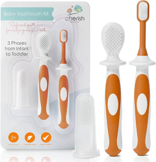 Award-Winning Baby Toothbrush Set (3-24 Months) - 3-Pack Baby Finger Toothbrush, Training Toothbrush & Toddler Toothbrush - Bpa-Free Baby First Toothbrush Set (Orange)