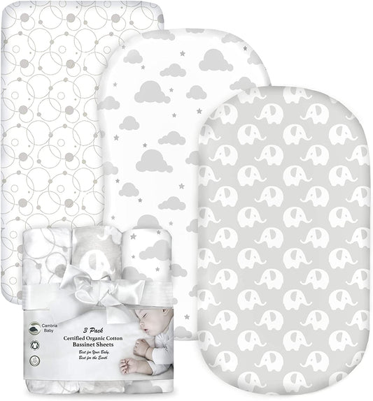 100% Organic Cotton Fitted Bassinet Sheets Fits Halo, Snoo, Graco, Dream on Me, Delta, and All Other Standard Size Bassinets. 3 Pk Adapts to Oval, Hourglass & Rectangle Shaped Bassinet Pads.